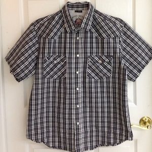 REWIRE pearl snaps mens short sleeves plaid western pockets size Large